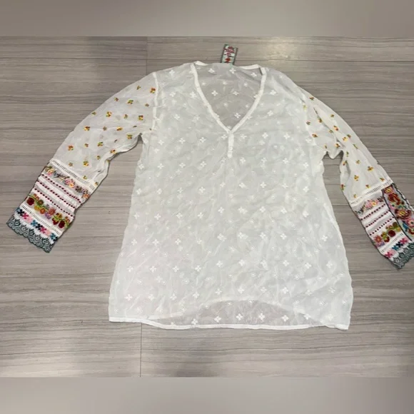 Johnny Was XL White Eyelet Embroidered Peasant Top Blouse Tunic Long Sleeve - Picture 4 of 9